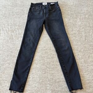 FRAME Denim‎ Le High Skinny Jeans Women's 25 Black Raw Hem Ankle Slit High Rise